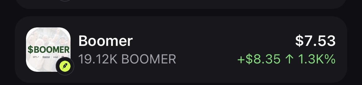 A cryptocurrency tracker showing the "Boomer" token ($BOOMER) at $7.53, up +$8.35 (1.3K%), with a transaction volume of 19.12K BOOMER.