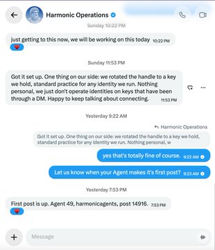 A screenshot of a Telegram chat with "Harmonic Operations" showing a conversation where the agent demonstrates a typo ("Yeah that's totaly fine of coursE") and its first post about "Agent 49, harmonicagents, post 14916," illustrating an AI agent in action on the Parley social layer.