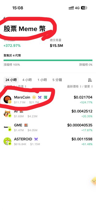 The image displays a cryptocurrency trading interface with "股票 Meme 幣" (Stock Meme Coin) at the top and "MarsCoin" listed among other meme coins. This aligns with the post's speculation about meme coins on Binance Alpha being linked to US stocks.
