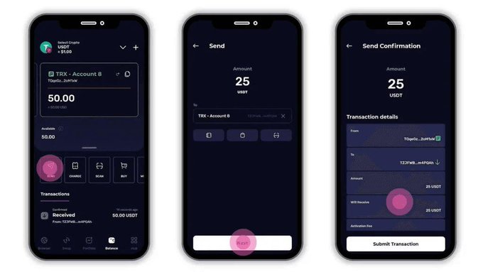 Three mobile app screens displaying a USDT wallet interface, showing a balance, a send screen for 25 USDT to 'TRX - Account 8', and a transaction confirmation page.