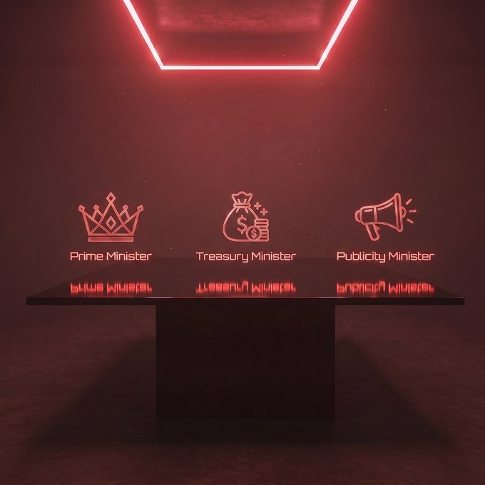 The image shows a black table with three different icons representing prime minister, treasurer, and public office positions. The table has a glossy finish that reflects light from above, creating an interesting visual effect. The text "THE NOMINATION PHASE BEGINS! #PepperPeople, the first $PEPPER Parliament election starts with nominations. This is where the leaders of PEPPER’s future step forward. The Nomination Phase will run for 10 days, from June 4 to June 13".