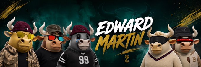 A promotional banner featuring five stylized cartoon bulls wearing various hats and sunglasses, with the text 'EDWARD MARTIN' and a 'Z' logo prominently displayed.