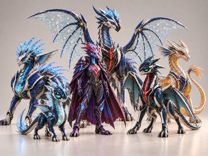 A detailed digital illustration shows a central armored humanoid figure in purple and red standing among four intricately designed dragons and dragon-like creatures with blue, silver, and orange scales.