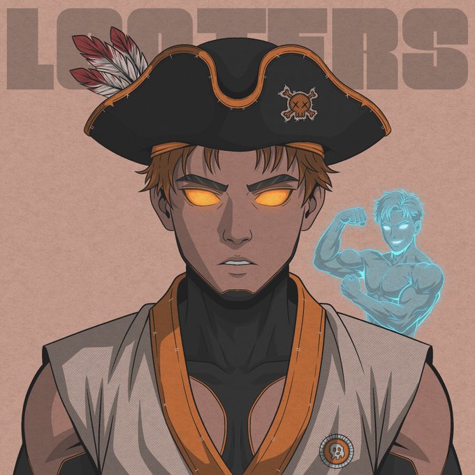 A pirate-themed anime character with glowing orange eyes and a tricorn hat stands front and center, with "LOOTERS" displayed in large text across the top and a glowing blue ghostly figure flexing in the background. The artwork ties into the "GM Legends" post by presenting a bold, character-driven visual that evokes a sense of adventure and treasure-hunting lore fitting for the "What's the next cook?" prompt.