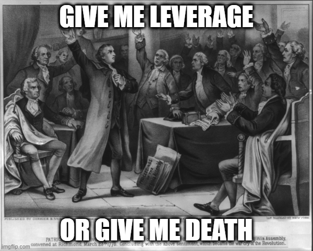 A meme featuring a famous painting of Patrick Henry declaring "Give me liberty, or give me death!" at the Virginia Assembly, humorously adapted to read "Give me leverage, or give me death" — playing on the post's announcement of newly filed 3x leveraged ETFs on commodities and cryptocurrencies like Gold (GDLU), Silver (SLVK), Bitcoin (BITH), Ethereum (ETHK), Crude Oil (OILY), and Nat Gas (NATX).