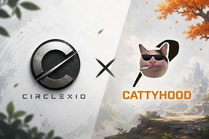 A promotional graphic showing a collaboration between 'CIRCLEXIO' and 'CATTYHOOD', featuring the Circlexio logo alongside a cat wearing sunglasses and a cigarette against a fantasy landscape background.