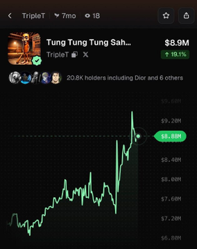 A cryptocurrency chart shows the $TripleT (Tung Tung Tung Sahur) meme coin at an $8.9M market cap with a green 19.1% gain, reflecting the post's claim that $TripleT has pumped 19% today. The chart displays an upward trend with the current price highlighted at $8.8M.
