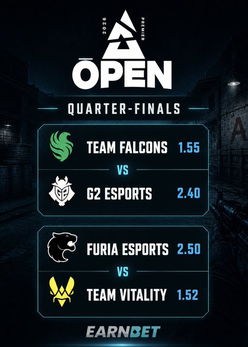 A promotional graphic for 'BLAST OPEN 2026 PREMIER' Quarter-Finals matchups, showing odds: Team Falcons (1.55) vs G2 Esports (2.40) and Furia Esports (2.50) vs Team Vitality (1.52), with the 'EARNBET' logo at the bottom.
