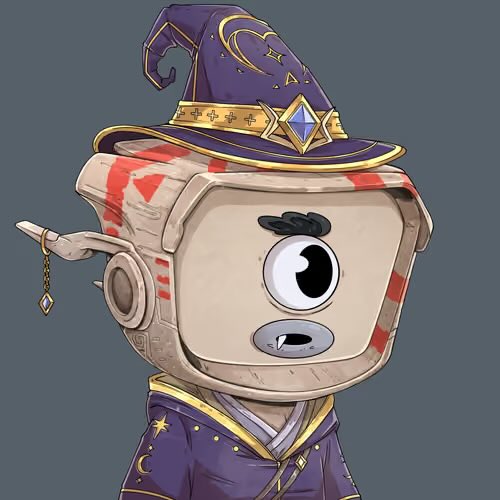 An illustration of a robot-like character with a TV-shaped head, wearing a purple wizard hat and robes, with a single googly eye.