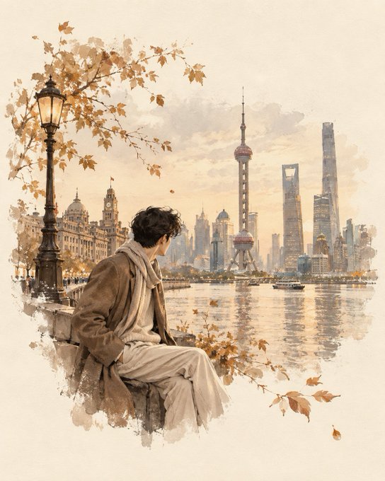 A watercolor-style illustration of a young man with dark hair and a scarf sitting contemplatively by a riverside, gazing toward the Shanghai skyline featuring the Oriental Pearl Tower, framed by autumn leaves and an old-fashioned street lamp.