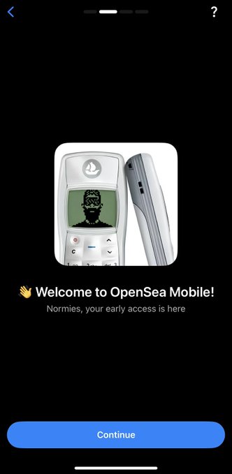 The post references Normies gaining early access to OpenSea Mobile, and the image shows a welcome screen reading "👋 Welcome to OpenSea Mobile! Normies, your early access is here" with a graphic of a retro phone displaying the Normies pixel-art character and a "Continue" button.