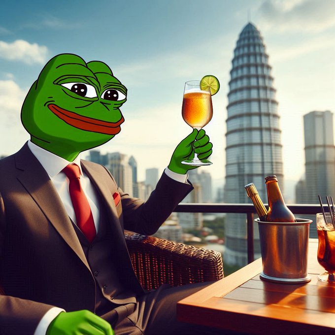 Pepe the Frog depicted as a wealthy businessman in a dark suit and red tie, holding a cocktail glass with a lime wedge, seated at an outdoor bar overlooking a modern city skyline.