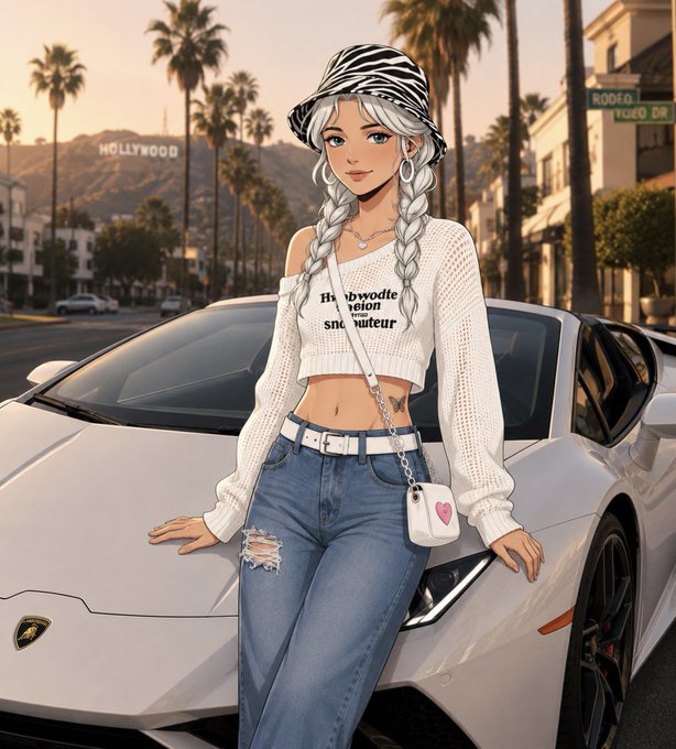 A stylized anime-style illustration of a silver-haired woman in a zebra-print bucket hat and cropped white sweater posing in front of a white Lamborghini on Rodeo Drive, with the Hollywood sign visible in the background. The luxury lifestyle imagery complements the upbeat "Gm Happy Sunday" greeting, evoking a glamorous weekend vibe.
