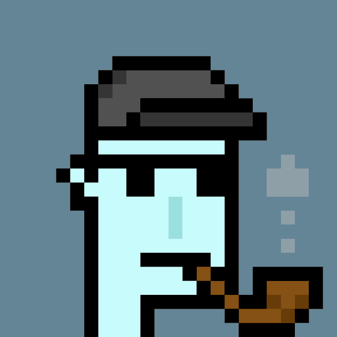 Pixel art depicting a figure wearing a dark hat smoking a pipe against a blue background.