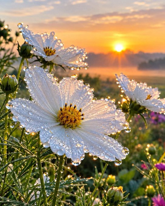 A close-up photograph of white cosmos flowers covered in dewdrops, backlit by a golden sunset in a field.