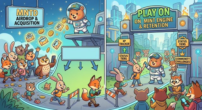 A two-panel cartoon shows anthropomorphic animals engaged with a 'MNTD AIRDROP & ACQUISITION' machine and a 'PLAY ON MINT ENGINE & RETENTION' system featuring XP trackers and community challenges.