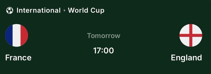 A promotional graphic for an International World Cup match between France and England, scheduled for tomorrow at 17:00, inviting viewers to participate in a prediction challenge where 2 winners will be paid for correctly guessing the score, with results announced in 48 hours.