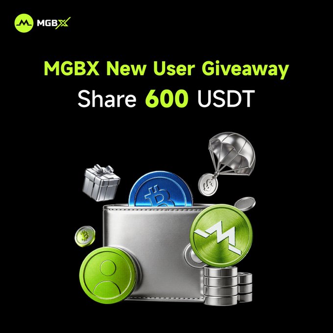 The image promotes the "MGBX New User Giveaway" with a prize pool of 600 USDT, featuring a silver wallet surrounded by Bitcoin and Monero coins alongside green and silver token icons against a black background. It visually reinforces the post's call to action for new users to register, follow, and comment to win a share of the rewards.