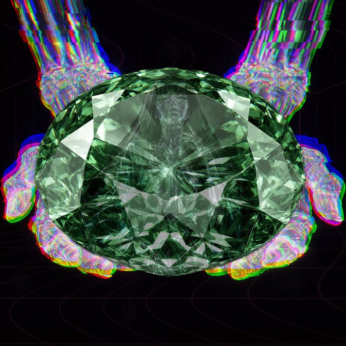 A digital artwork featuring a large, faceted green gemstone in the center. A ghostly face is visible within the gem, and two holographic, glitch-art style hands appear to hold it from behind.