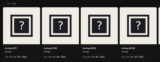 A grid showing 85 ArclingsNFT items (#317, #1766, #2195, #5785) each with a top offer of 24 USDC, illustrating the post's claim of buying them for 10 USDC and seeing immediate offers of $24.