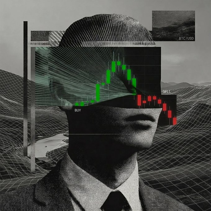 A grayscale collage shows a suited man's face overlaid with a green-and-red BTC/USD candlestick chart marked "BUY" and "SELL," symbolizing the visual clarity and decisive trading action OKX promotes in its "New Money Era" campaign.