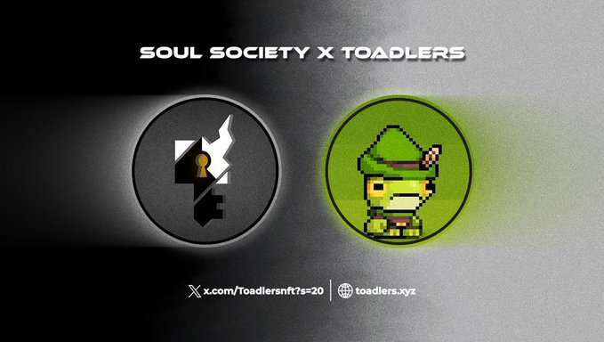A collaboration graphic between Soul Society and Toadlers featuring a profile icon and a pixel-art toad character in a green hat, with links to x.com/ToadlersNFTs=20 and toadlers.xyz.