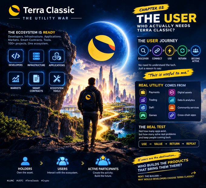 An infographic for 'Terra Classic — The Utility War' (Chapter 02: The User) displaying the ecosystem components, user journey (Discover, Connect, Use, Return, Become Active), and real utility features like Payments, Trading, DeFi, and Games.