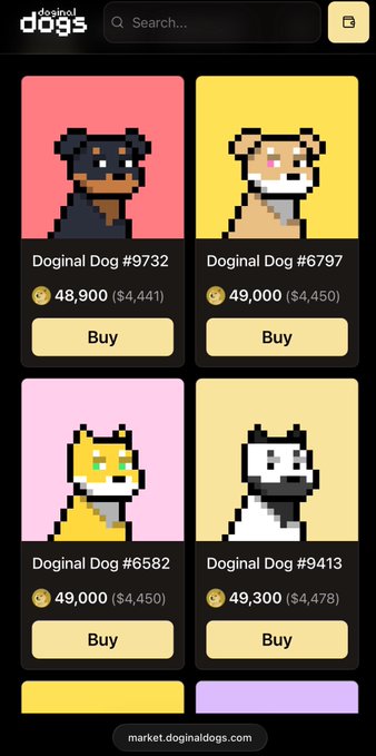 A marketplace interface called 'Doginal Dogs' shows pixel art dog NFTs with various prices in DOGE currency, including Doginal Dog #9732 at 48,900 and Doginal Dog #6797 at 49,000.