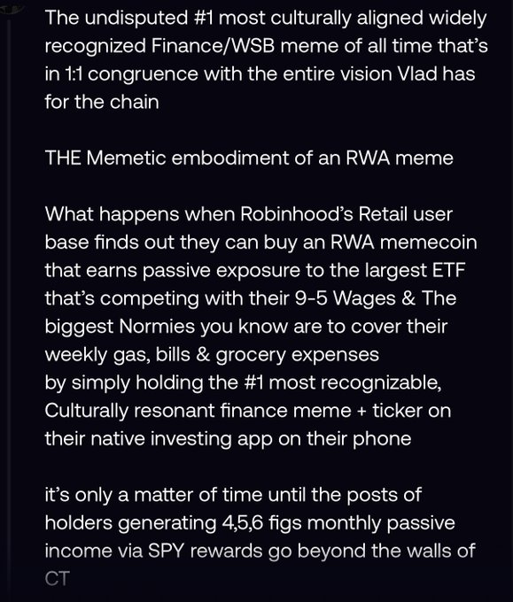 A text screenshot discussing an RWA memecoin related to the 'SPY' ETF and Robinhood's retail user base.