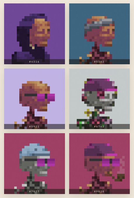 A grid of six pixel art character portraits, each numbered (#4316, #5302, #5921, #6742, #7027, #9820), depicting various characters including figures with sunglasses and colorful hair.