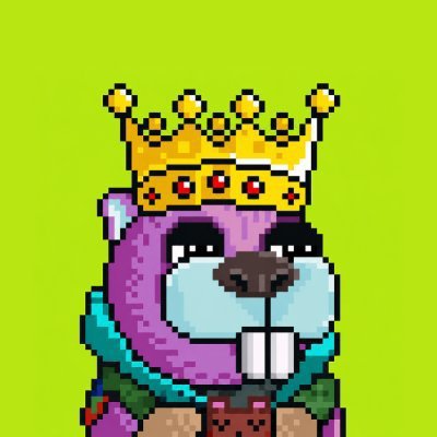 A pixel art illustration of a purple bear-like character with large white buck teeth wearing a golden crown and a teal tunic on a bright green background.