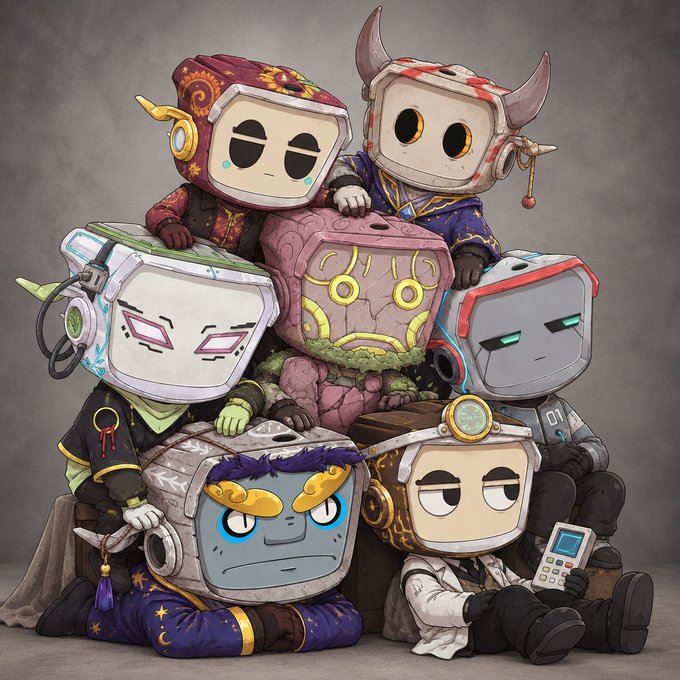 Digital artwork featuring six stylized cube-headed characters with varied costumes and expressions arranged around a decorative pink cube.
