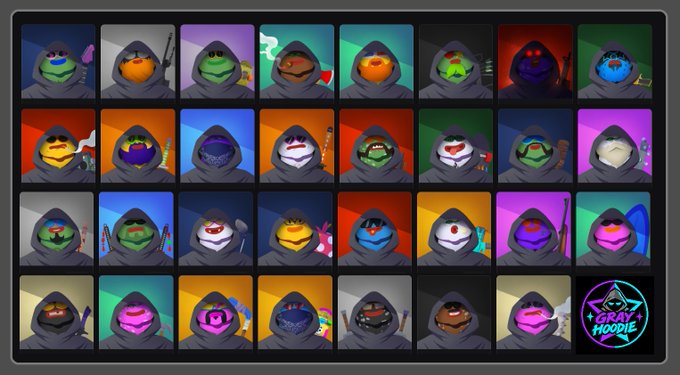 A grid of 32 hooded characters with colorful exposed mouths labeled "EVERY HOODIE" in the bottom right corner.