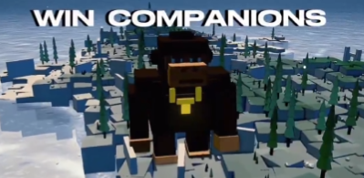 A Minecraft-style game scene features a blocky black character wearing a yellow scarf standing in a snowy landscape with pine trees, with bold text at the top reading "WIN COMPANIONS." The image illustrates the ACCRETION concept mentioned in the post, showing a living, mutable 3D virtual world that the project splits across Bitcoin and Ethereum blockchains to satisfy both permanent media and mutable state requirements.