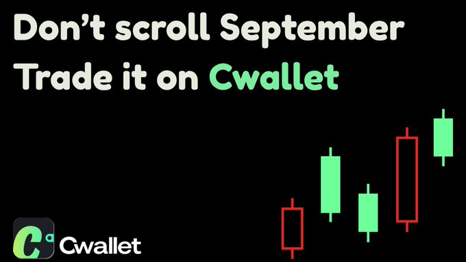 A promotional graphic with text "Don't scroll September, Trade it on Cwallet" alongside the Cwallet logo and a green/red candlestick chart.