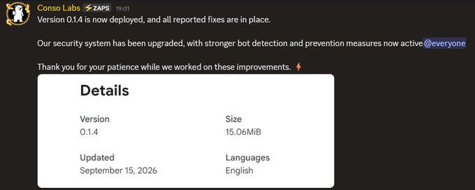 A Discord message from 'Consol Labs' announcing version 0.1.4 deployment with security upgrades and bot detection improvements, showing details: version 0.1.4, size 15.06MiB, updated September 15, 2026, language English.