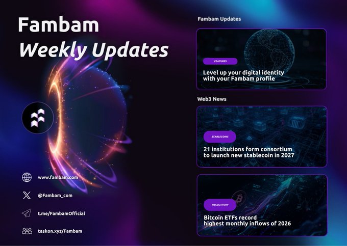 A 'Fambam Weekly Updates' graphic featuring Web3 news items, including articles about digital identity, a stablecoin consortium, and Bitcoin ETF inflows.