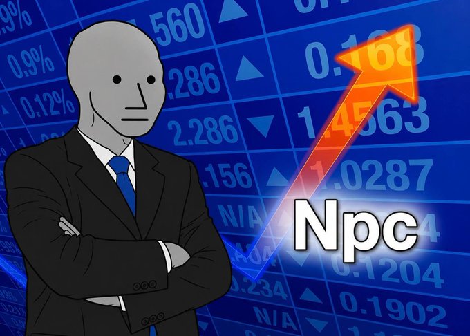 Meme image of a bald suited figure labeled 'Npc⁴' standing before a stock market board with an upward orange arrow.