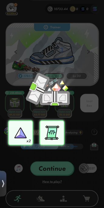 iphone screen displays a black background, white and green sneakers, and a blue triangle with the number 42 below them.