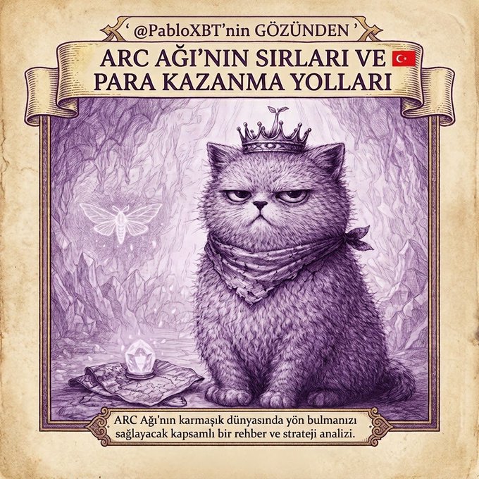 A regal cat wearing a crown and bandana sits beside a crystal in a mystical purple cave, with a Turkish banner reading "@PabloXBT'nin GÖZÜNDEN ARC AĞI'NIN SIRLARI VE PARA KAZANMA YOLLARI" ("The Secrets of the Arc Network and Ways to Make Money through PabloXBT's Eyes") and a Turkish flag, previewing a guide/strategy thread about profiting from the Arc Network's mainnet launch on September 16.