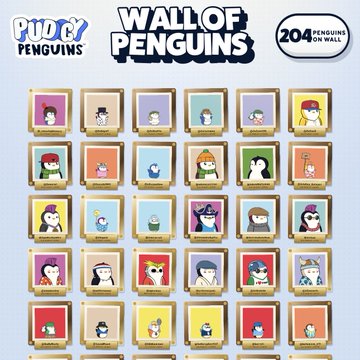 A 'WALL OF PENGINS' display showcasing 204 PUDGY PENGUINS in framed portraits with various hats and outfits on colored backgrounds.