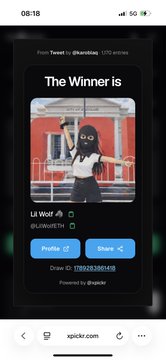 A screenshot of a Twitter/X post showing a Pickle profile indicating 'The Winner is Lil Wolf' (@LILIWUITH), featuring a dark, stylized profile picture.