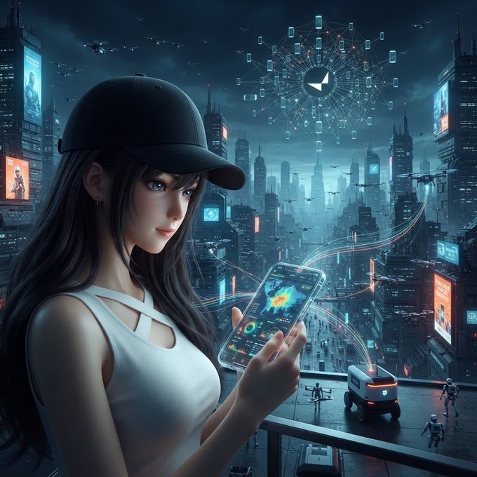 Digital art of a woman in a cap using a holographic smartphone interface overlooking a cyberpunk cityscape with drones and floating screens.