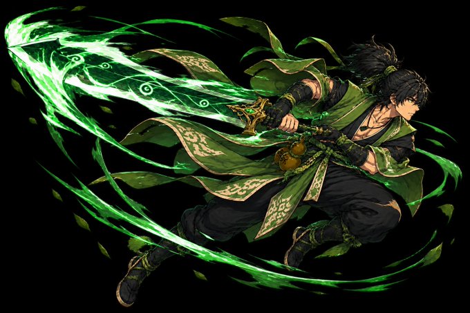 Anime-style illustration of a dark-haired warrior in green robes wielding a large, glowing green energy sword with mystical symbols against a black background.