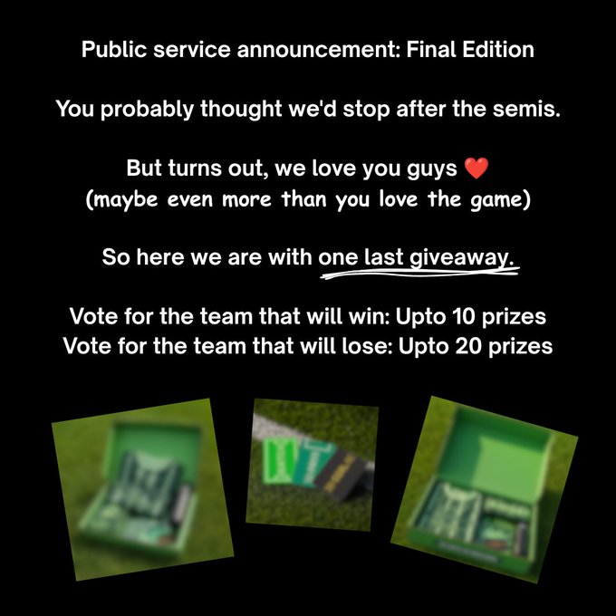 The image is a "Public service announcement: Final Edition" announcing a sports giveaway, offering up to 10 prizes for picking the winning team and up to 20 prizes for picking the loser. It features three small, blurred images of what appear to be Tangem-style crypto card packages at the bottom, tying into the post's promotion of tangem.com/en/winthegame/ for a chance to win BTC.