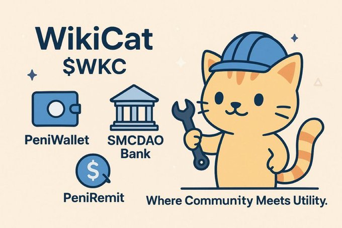 A promotional graphic for WikiCat ($WKC), featuring a cartoon cat mascot with a wrench and cap, highlighting its ecosystem tools—PeniWallet, SMCDAO Bank, and PeniRemit—under the tagline "Where Community Meets Utility." The accompanying post shares the token's contract address (0x6Ec90334d89dBdc89E08A133271be3d104128Edb) on BSC, aligning with the image's introduction of the project's utility-focused branding.