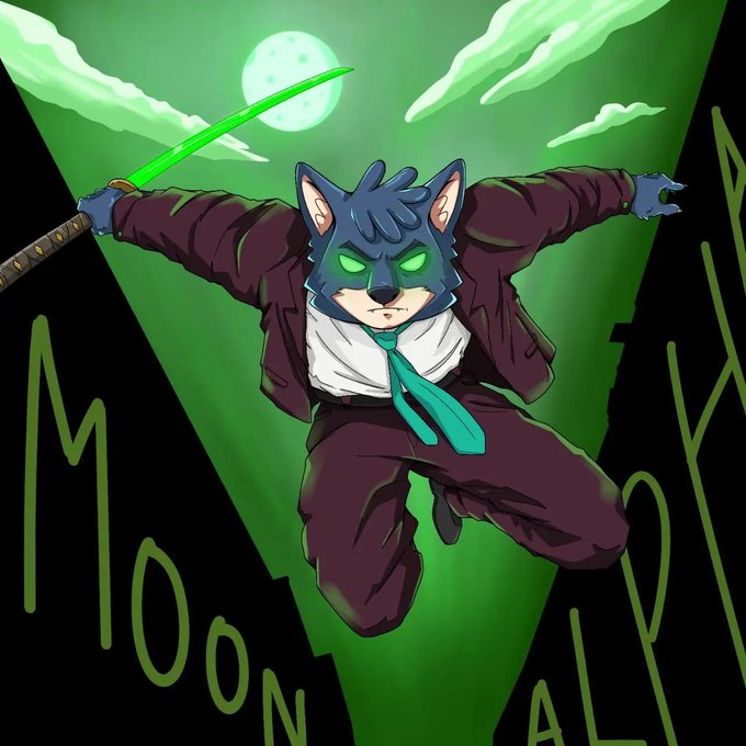 An illustrated anthropomorphic character wearing a wolf/cat mask and suit leaps through the air with a glowing green sword under a full moon, with 'MOON GANG' text in the background.