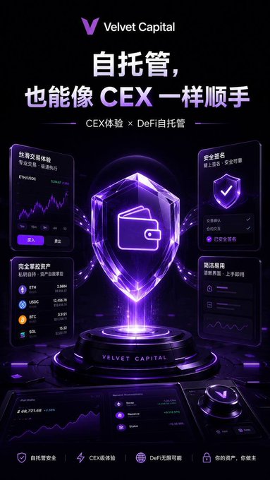 This is a promotional graphic for "Velvet Capital" featuring a glowing purple shield with a wallet icon at its center, surrounded by four panels displaying features like chart trading, on-chain asset support for ETH/USDC/BTC/SOL, security signing, and privacy usage.

The image directly visualizes the post's central dilemma—illustrating the hybrid solution Velvet Capital offers as "CEX体验 × DeFi自托管" (CEX experience × DeFi self-custody), positioned as bridging the gap between the safety/hard-to-use self-custody trade-off and the easy-to-use/lacks-control CEX approach.