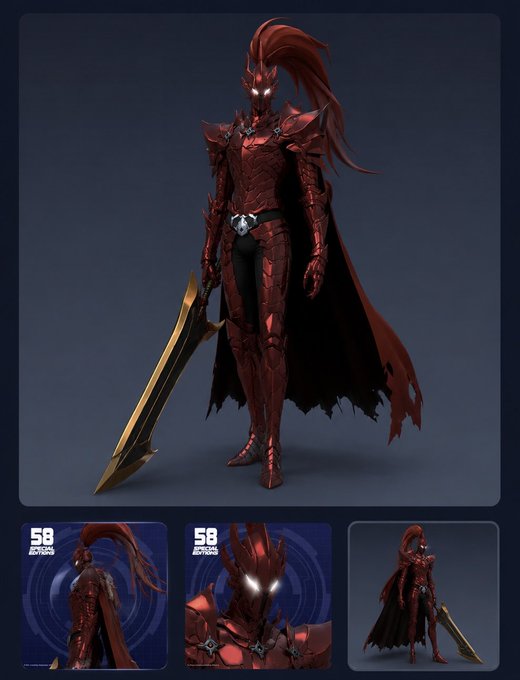 Concept art for a red armored knight character with a flowing ponytail and large golden sword, labeled '58' in multiple views.