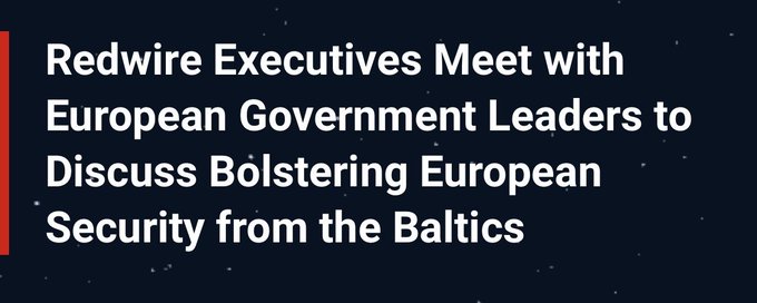 A dark blue banner with white text reading "Redwire Executives Meet with European Government Leaders to Discuss Bolstering European Security from the Baltics".